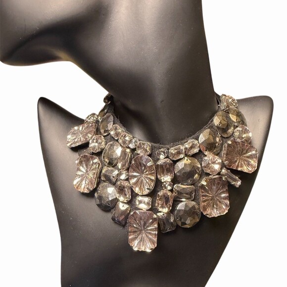 Unlisted Jewelry - Statement Black Ribbon Tie Bib Collar Choker Clear Crystal Cluster